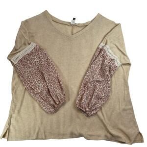 Glitzy Girlz Boho Waffle Knit Balloon Sleeve V-Neck Top Tan Red 5XL Women